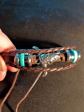 Brown Braided Leather Bracelet with Turquoise Beads